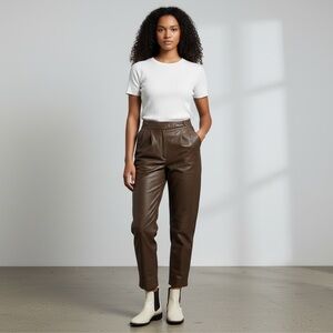 VINTAGE Gorgeous Women's Brown Pegged Leather Pants Raw Hem High Waisted Size S